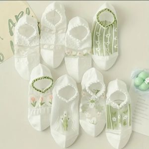 New 8 Pairs Floral Print Socks, Sweet & Cute Lettuce Trim Mesh Ankle Soc…